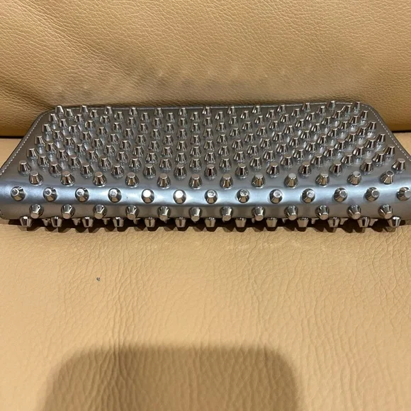 CHRISTIAN LOUBOUTIN Panettone Silver Leather Studded Zip Around Long Wallet - Picture 5 of 10